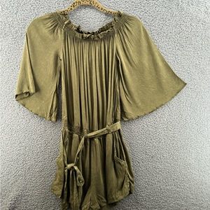 Chaser Ribbed Off Shoulder 3/4 Belle Sleeve Short Romper Olive Green Size Medium